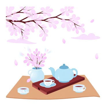 A serene traditional tea ceremony is taking place on a wooden mat under blooming cherry blossom trees. The mat is adorned with a simple floral arrangement set in a small ceramic vase. A teapot is positioned on a wooden tray, surrounded by delicate tea cups, each featuring subtle floral designs. Soft pink cherry blossoms are cascading down from the trees, with a few petals gently resting on the mat. The gentle breeze is causing some petals to float through the air, adding a touch of elegance to the scene. In the background, the warm colors of the setting sun create a soft glow, enhancing the peaceful atmosphere.