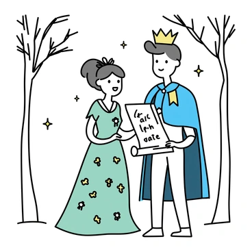 A couple dressed as fairy tale characters stands together in an enchanted forest. The man is wearing a royal blue cloak with silver accents, adorned with a golden crown. The woman is dressed in a flowing green gown with floral patterns and a delicate tiara. They are holding a scroll that reads "Save the Date," featuring elegant handwriting. Surrounding them are tall trees with twisting branches, and soft, dappled light filters through the leaves. Small, sparkling fireflies hover around the couple, adding a magical touch to the scene.