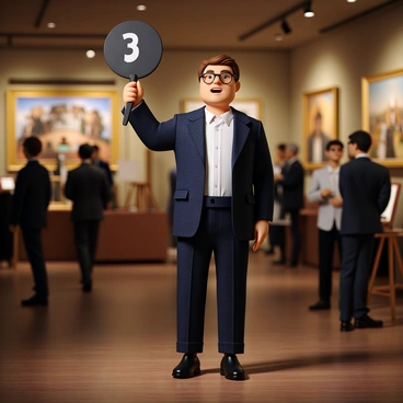 An art enthusiast with short brown hair and glasses, wearing a tailored navy blazer and a white shirt, stands confidently with a bidding paddle raised high in one hand. The paddle is a sleek, glossy black with a prominent number displayed on it for bidding. The background features an elegant art auction setting, with various pieces of artwork displayed on easels and walls, and other attendees dressed in formal attire, engaged in lively discussions. The lighting is warm and inviting, highlighting the rich colors of the artwork surrounding the enthusiast.