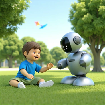 A child with short brown hair, wearing a bright blue t-shirt and green shorts, is sitting on the grass in a park. The child is smiling and reaching out to a friendly robot companion that stands nearby. The robot is silver with round edges, large expressive eyes, and a cheerful face. It has two arms and is bending slightly forward as if engaging with the child. In the background, there are trees with lush green leaves and a clear blue sky. A colorful kite flies above, adding to the playful atmosphere.