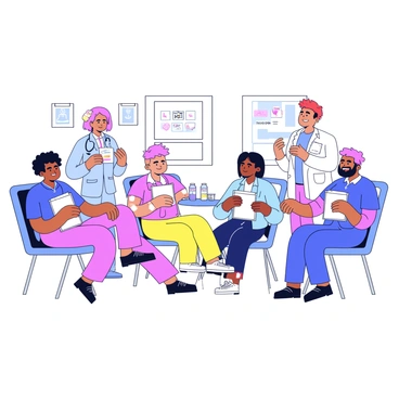 Employees are sitting in a bright, spacious office environment, engaged in a blood donation drive. Several individuals are comfortably reclined on chairs, with small bags collecting their blood. Each employee wears a healthcare-friendly outfit, and some have adhesive bandages on their arms after donating. A medical professional in scrubs is attentively checking on the donors, while a few others are chatting nearby, holding refreshments like water and cookies. Posters promoting the blood donation drive are displayed on the walls, adding to the supportive atmosphere.