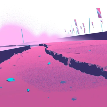 A dirt bike racing track featuring a rough, gritty sand texture. The surface is uneven with deep ruts and tire marks from previous races. Dust is suspended in the air, catching the sunlight, creating a dynamic atmosphere. In the foreground, a portion of the track is highlighted, showcasing the coarse granules of sand and scattered pebbles. The background is filled with blurred outlines of spectators and racing flags, adding to the sense of motion and excitement.