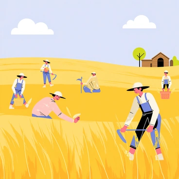 A bright, sunny day in a golden field filled with ripe crops. Several farmers are working diligently, wearing wide-brimmed hats and colorful overalls. Some farmers are using traditional scythes, while others are filling baskets with freshly cut grains. The field stretches far into the horizon, with a few fluffy white clouds dotting the blue sky above. In the background, there is a wooden barn and a couple of trees, adding to the rural landscape.