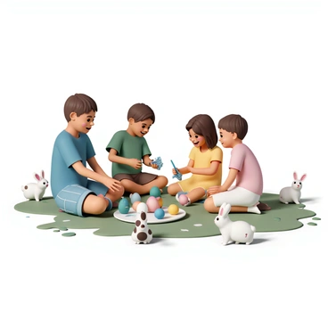 A group of four children, two boys and two girls, are sitting on the grass, engaged in an egg painting party. The first boy, wearing a blue t-shirt and denim shorts, is holding a paintbrush covered in bright red paint, looking excited. The second boy, dressed in a green shirt and brown pants, is leaning over a table, focused on painting an egg green. One girl, in a yellow dress, is laughing as she accidentally splatters blue paint on her cheek. The other girl, wearing a pink shirt and white skirt, is surrounded by a variety of colorful eggs. Three fluffy bunnies, one white, one brown, and one spotted, hop around the children, their fur getting speckled with paint. The surrounding area is filled with splashes of various colors on the grass and the children's clothes, creating a lively and messy atmosphere.