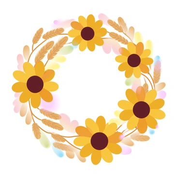 A cheerful wreath made of large sunflowers with vibrant yellow petals is displayed prominently. The center of each sunflower is dark brown, creating a striking contrast. Interspersed among the sunflowers are golden wheat stalks, their slender, elongated shapes adding texture to the wreath. The wheat stalks are gently curved, enhancing the organic feel of the composition. The wreath has a lush, full appearance, symbolizing warmth and abundance.