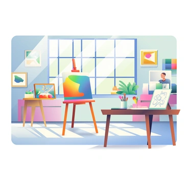 A bright studio features large windows letting in streams of natural sunlight. The room is filled with various art supplies, including brushes, paints, and canvases. There is an easel in the center with a partially completed painting that is vibrant and colorful. The walls are adorned with framed artwork showcasing different styles. A wooden table nearby holds an open sketchbook with pencil sketches and a cup filled with brushes. The sunlight creates soft shadows on the floor, enhancing the lively atmosphere of the studio.