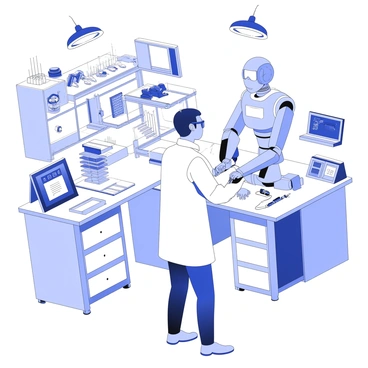 An engineer is standing in a high-tech laboratory working on a humanoid robot. The engineer is wearing a lab coat and safety goggles, focused intently on the robot's mechanical arm, which is partially assembled. The laboratory is filled with various gadgets and tools, including circuit boards, robotic arms on workbenches, and digital screens displaying data. There are shelves lined with intricate mechanical parts and wires. Bright overhead lights illuminate the workspace, creating a busy atmosphere of innovation and technology.