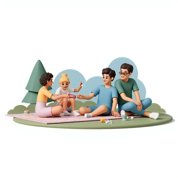 A group of four friends sitting on a colorful picnic blanket spread across a grassy area. One friend, a young woman with curly brown hair, is holding a KitKat bar and smiling as she hands a piece to a man sitting next to her. He has short black hair and is wearing a blue t-shirt and shorts. Another friend, a girl with straight blond hair tied in a ponytail, is laughing while reaching for a KitKat bar from the picnic blanket. The fourth friend, a tall guy with glasses and a green t-shirt, is leaning back on his hands, looking at the others with a joyful expression. Surrounding them are a few snacks and drinks scattered across the blanket, with trees and a blue sky in the background.
