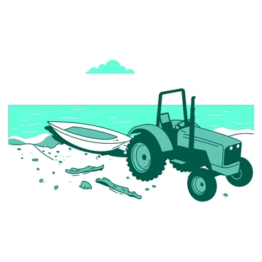 A teal tractor is positioned on a sandy beach, with its wheels partially buried in the grains of sand. The tractor is actively pulling a white boat towards the water. The boat is being dragged along a shallow trench in the sand, and the beach is dotted with small seashells and pieces of driftwood. In the background, gentle waves of water are lapping at the shore, creating a sense of movement as they approach the sand. The sky above is clear with a few wispy clouds, adding to the tranquility of the beach scene.