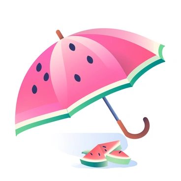An open umbrella is featured prominently in the image. The canopy of the umbrella is vibrant, patterned with pink sections resembling the flesh of a watermelon, and it is edged with a darker green border that simulates the rind. The handle of the umbrella is curved and made of polished wood, contrasting with the bright colors of the canopy. Light is filtering through the fabric, casting a playful shadow on the ground below. Surrounding the umbrella, a few scattered watermelon slices are laid out, enhancing the fruity theme of the scene.