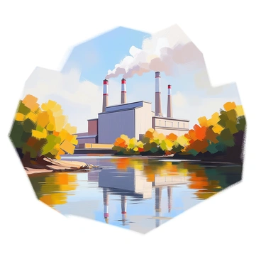 A river is flowing gently next to a large industrial factory. The factory, built of gray metal and brick, has several smokestacks emitting a thin plume of smoke into the air. The water of the river is calm, perfectly reflecting the image of the factory and the surrounding trees along its banks. The scene captures the contrast between nature and industrialization, with the green foliage framing the factory on one side and the flowing water mirroring the scene.