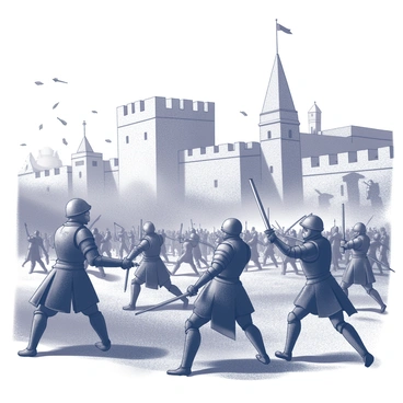 A dramatic landscape depicting the Battle of Minas Tirith. The scene features numerous armored warriors engaged in fierce combat, some with swords raised high while others clash in close quarters. Arrows are seen soaring through the air, with several archers poised on the ramparts of the city. In the background, the towering walls of Minas Tirith rise majestically, surrounded by chaotic movement as soldiers rush to the frontlines. Debris and dust fill the atmosphere, emphasizing the intensity of the battle. The expressions of determination and courage are evident on the faces of the fighters, highlighting the epic nature of this conflict.
