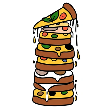 A towering stack of various pizzas with different colors and toppings. The pizzas are stacked high, with a variety of flavors on each layer, including pepperoni, mushrooms, bell peppers, and olives. Cheese is melting and cascading down the sides of the stack, glistening under the light. Each pizza has a golden-brown crust, and some are topped with fresh basil leaves. The scene captures the decadence of the stacked pizzas, making them look tempting and delicious.