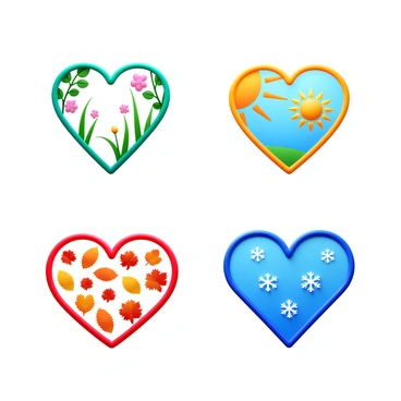 Four heart line illustrations, each representing a distinct season. The first illustration features "spring blooms" with delicate flowers and vibrant green leaves emerging from the heart shape. The second illustration showcases "summer sun" with bright rays radiating from a heart, accompanied by a clear blue sky. The third illustration depicts "autumn leaves," filled with an array of falling leaves in shades of orange, red, and yellow swirling around a heart outline. The fourth illustration displays "winter snowflakes," with intricate snowflakes gently falling within a heart shape against a soft background.