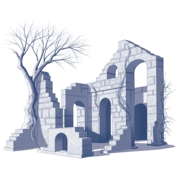 Ancient stone ruins partially obscured by the passage of time. The weathered stones are covered with thick vines that twist and intertwine, creating a natural tapestry around the structures. Sprawling branches of trees extend outwards, casting intricate shadows on the stone surfaces. The ruins feature crumbling walls and broken archways, suggesting a once magnificent architecture now reclaimed by nature. The scene conveys a sense of history and the relentless power of nature.