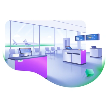A modern pastel illustration of an airport terminal showcasing "empty check-in counters" arranged in a straight line. The counters are sleek and feature digital displays showing flight information. In the background, there are "deserted seating areas" with rows of minimalist chairs, a few of which are slightly askew. Large glass windows allow natural light to illuminate the terminal, reflecting off polished floors. A distant view of an empty baggage claim area can be seen, enhancing the quiet atmosphere.