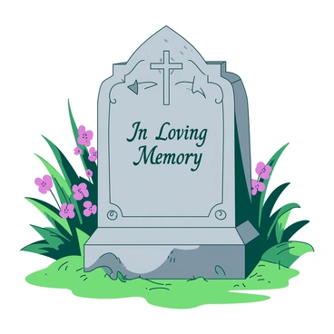 A gray gravestone stands upright in a lush green cemetery. The gravestone is adorned with intricate religious symbols, including a cross, a star, and an angel, all carefully carved into the surface. At the center of the gravestone, there is a deeply engraved inscription reading "In Loving Memory" in elegant script. The background features blooming flowers and tall grass, creating a serene setting. Sunlight casts gentle shadows across the gravestone, highlighting the details of the carvings.