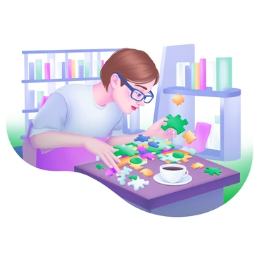 An individual with short brown hair, wearing glasses, is intensely focused on solving a complex jigsaw puzzle placed on a wooden table. The puzzle pieces are scattered around, with some already fitted together showing vibrant colors and intricate designs. A soft light illuminates the scene, creating a cozy atmosphere. There is a cup of coffee on the table, and in the background, there are bookshelves filled with various books, enhancing the sense of concentration and engagement in the task at hand.