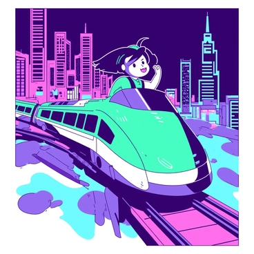 A teal Astro Boy is happily riding on a sleek, silver futuristic train. The train is moving swiftly along the tracks that weave through a vibrant landscape filled with bright neon lights. The background features tall, glowing skyscrapers in various shades of pink and blue, illuminating the scene with a dazzling display. Astro Boy's hair is blowing in the wind as he looks excitedly ahead, with the lights reflecting off the train's polished surface. The sky is dark, enhancing the contrast of the colorful neon lights and creating a dynamic atmosphere around the train.