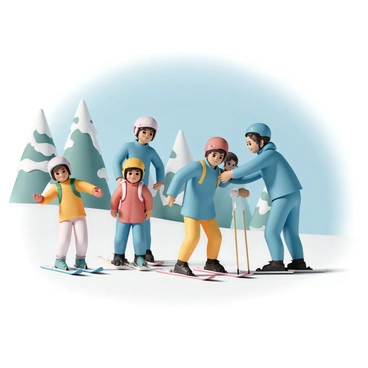 A group of young kids, wearing colorful ski jackets and helmets, are learning to ski on a gentle slope. Each child has a different ski outfit: one in a bright red jacket, another in a blue jacket with yellow accents, and a third in a green jacket. They are smiling and focused as they navigate the slope. Supportive instructors, dressed in matching blue ski outfits, are guiding the children. One instructor is demonstrating how to properly position their skis, while another is helping a child regain balance. The backdrop features snowy trees and a clear blue sky.