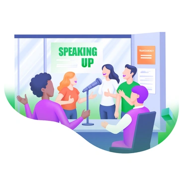 A modern pastel illustration showing a group of diverse colleagues in a bright, open office space. In the center, a person stands confidently, speaking into a microphone, with the words "Speaking Up" in bold, green letters above them. Surrounding the speaker are supportive colleagues with encouraging expressions, including a woman giving a thumbs up and a man nodding in agreement. On a nearby wall, there are colorful posters promoting transparency and teamwork. The atmosphere is collaborative and positive, with natural light streaming in from large windows.
