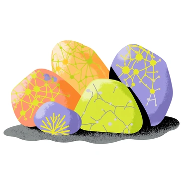 A collection of rocks with various shapes and sizes, each covered in vibrant lichen patterns. The lichen displays an array of colors, including bright orange, deep green, and vivid purple. The rocks are positioned on a contrasting surface, such as gray gravel or dark soil, which emphasizes the colors of the lichen. Sunlight highlights the textures of both the rocks and the lichen, casting subtle shadows that add depth to the scene.