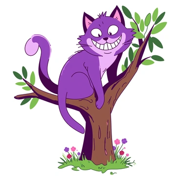 A purple Cheshire Cat with a wide, mischievous grin is perched on a sturdy tree branch. The cat's vibrant fur contrasts with the tree's rich brown bark. Surrounding the branch, bright green leaves flutter gently in the breeze. Below the branch, a soft, grassy ground can be seen, with a few colorful flowers peeking through the blades of grass. The cat's eyes are large and expressive, adding to its playful demeanor.