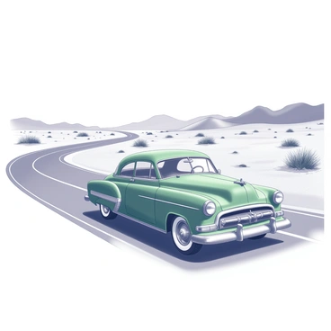 A vintage green car traveling along a deserted road through a sandy desert