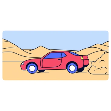 An express car kicking up sand as it races through a vast desert landscape