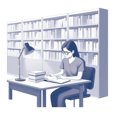 A nurse is seated at a wooden table in a hospital library. She has a stack of medical books open in front of her. The nurse is wearing scrubs and is immersed in reading, with her glasses perched on her nose. Bookshelves filled with various medical literature line the walls. A soft light is coming from a nearby lamp, illuminating her workspace. A small plant sits on the table, adding a touch of green to the scene. The atmosphere is quiet and focused, with no one else visible in the background.