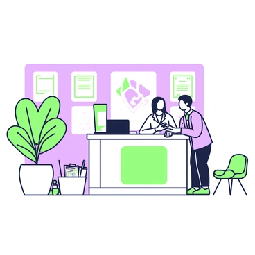 An illustration of a firm with a reception area designed to be welcoming. The reception desk is situated at the front, where two friendly staff members are interacting with a visitor. One staff member is standing, wearing a professional outfit, while the other is seated and smiling. Behind them, there is a large potted plant adding a touch of greenery. The walls are adorned with framed certificates and a logo of the firm. To the side, there are comfortable chairs arranged for guests, with a small table that has a brochure holder filled with information about the firm. Natural light is flowing in through large windows, enhancing the inviting atmosphere.