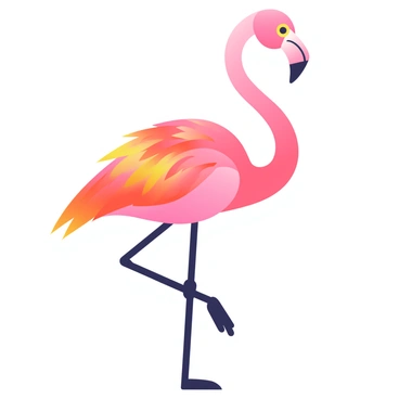 A flamingo stands elegantly on one leg, its body gracefully arched. The feathers of the flamingo are vibrant and resemble flickering flames, with shades of orange, red, and yellow dancing along its wings and neck. Its long, slender neck extends upward, and its beak is curved, showcasing a bright pink color at the tip. The bird's eye is sharp and striking, with a hint of gold reflecting the light. The flamingo is positioned against a soft gradient background that complements the colors of its fiery feathers.