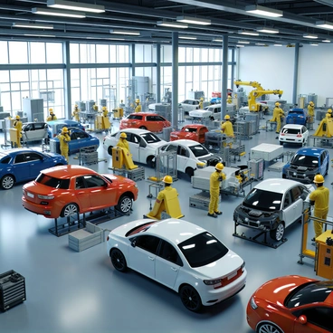 The interior of a car factory filled with workers actively assembling vehicles. Various machines are positioned throughout the space, including robotic arms and conveyor belts. Workers wearing safety helmets and uniforms are engaged in different tasks, such as welding, screwing parts together, and inspecting components. Bright overhead lights illuminate the factory floor, highlighting the sleek contours of partially assembled vehicles. Tools and equipment are scattered around, showcasing a busy and productive atmosphere. Large windows allow natural light to filter in, adding to the dynamic environment.