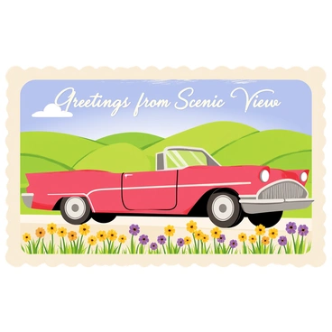 A vintage postcard illustration featuring a classic car parked on a hillside with a panoramic view of rolling green hills and a blue sky. The car is a shiny red convertible with chrome details, reflecting sunlight. In the foreground, colorful flowers in shades of yellow and purple bloom around the car. The edges of the postcard are adorned with ornate decorative borders, and the text "Greetings from Scenic View" is written in elegant cursive at the top.