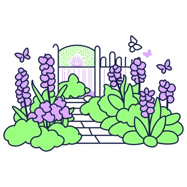 A garden specifically designed for butterflies is filled with a variety of flowers. The scene features clusters of blue flowers, including tall delphiniums and spreading lobelias, among lush green foliage. Butterflies of various sizes and colors can be seen fluttering around the flowers. A small path made of stones winds through the garden, leading to a decorative wooden fence in the background. The sunlight casts gentle shadows across the garden, highlighting the vibrant blooms and the graceful movements of the butterflies.