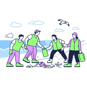 Volunteers collecting trash on a beach with seagulls flying overhead