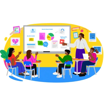 A large interactive whiteboard displaying various RSE topics and activities in a vibrant classroom setting. The whiteboard features colorful charts and illustrations related to relationships, safety, and emotional well-being. There are engaging icons representing different activities, such as group discussions and role-playing scenarios. Desks are arranged in a semi-circle facing the whiteboard, creating an interactive environment. Bright posters decorate the walls, showcasing positive messages about respect and inclusion. A teacher’s desk is visible with a few textbooks and stationery items neatly organized on it.
