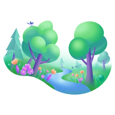 A modern pastel illustration depicting a dense forest with tall, green trees reaching upwards. The trees have a variety of shades, creating a vibrant canopy. A small, winding stream flows gently through the forest, reflecting the light. Along the banks of the stream, there are colorful wildflowers blooming, adding splashes of color to the scene. Birds can be seen perched on branches, and a soft mist lingers around the forest floor.