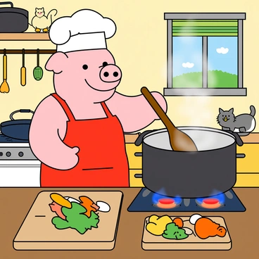 A cheerful pink pig wearing a white chef's hat and a red apron stands in a busy kitchen. The pig is stirring a large pot on the stove with a wooden spoon, steam rising from it, indicating the meal is cooking. Around the kitchen, various pots and pans are sizzling, and colorful vegetables are chopped on a cutting board nearby. There are bright kitchen utensils hanging from the wall, and a window shows a glimpse of a sunny day outside. The pig has a focused expression, and a few kitchen animals can be seen assisting, like a small chicken carrying an egg and a cat watching curiously from the counter.