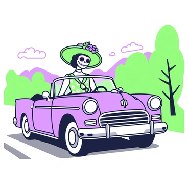 A stylish Catrina with a decorated skull face is driving a classic vintage car down a scenic road. She wears an elegant dress with intricate patterns and a wide-brimmed hat adorned with colorful flowers. The vintage car features a shiny chrome bumper and is painted in a bold color. The scenic road is lined with lush trees and distant mountains, creating a picturesque backdrop. The sunlight casts gentle shadows, highlighting the details of the car and the Catrina's attire.