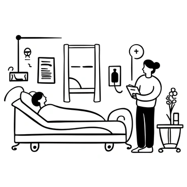 A hospital room featuring a simple bed with white sheets and a pillow. A patient is lying in the bed, connected to various medical equipment and monitors. A nurse stands beside the bed, attending to the patient with a clipboard in hand. There are posters on the walls depicting health-related information. A window allows soft light to enter the room, illuminating a small table with a vase of flowers and a glass of water.