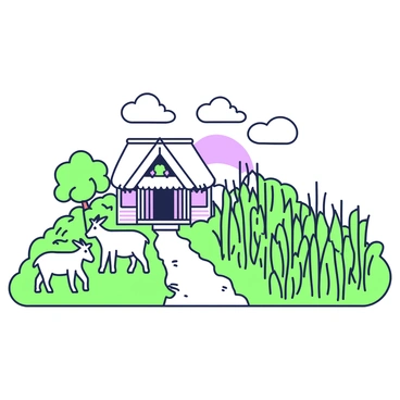 A picturesque Bengali village scene unfolds, featuring a thatched roof house positioned in the center. The house has wooden walls and a small porch adorned with colorful flowers. Surrounding the house are lush fields filled with tall crops swaying gently in the breeze. In the foreground, a narrow dirt path leads towards the house, bordered by vibrant green vegetation. To the left, a couple of goats graze peacefully, while in the background, a few trees provide shade and add texture to the landscape. Above, the sky is clear with a few fluffy clouds scattered across.