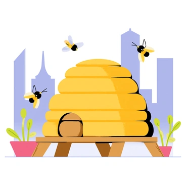 A beehive sitting on a wooden platform on a city rooftop surrounded by small potted plants. The beehive is a traditional straw design, with vibrant yellow and brown colors. Several bees are buzzing around the hive, some in mid-air and others landing on nearby flowers. The city skyline is visible in the background, with tall buildings and a clear blue sky.