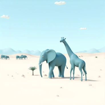 A vast desert landscape, featuring a clear blue sky with a few scattered clouds. In the foreground, a large elephant, with a blue-toned body and long trunk, stands beside a tall giraffe, also blue-toned, with its long neck reaching up towards a sparse tree. The ground is sandy with scattered rocks and sparse vegetation. In the background, more blue-toned elephants can be seen roaming, while distant mountains provide a scenic backdrop to the desert environment.