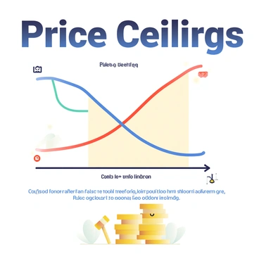 An infographic features a clear layout to explain "price ceilings." At the top, there is a large title in bold letters: "Price Ceilings." Below, on the left, a simple icon of a supply curve is illustrated in blue, showing an upward slope. On the right, a simple icon of a demand curve is illustrated in red, showing a downward slope. The two curves intersect in the center, indicating the equilibrium price. 

Above the intersection, a horizontal line labeled "Price Ceiling" spans across the infographic, demonstrating the imposed limit on prices. Below this line, a stack of coins representing consumer benefits is depicted, alongside smiling faces to indicate satisfaction. In the corners of the infographic, small icons of a gavel and a scale symbolize regulation and fairness in the market. The overall design is clean and uses a harmonious color palette to enhance readability.