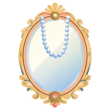 A delicate pearl necklace is elegantly draped over an antique mirror, which has an ornate, gilded frame with intricate floral patterns. The pearls are smooth and lustrous, reflecting soft light. The mirror's surface shows a subtle, aged patina, enhancing its vintage character. Surrounding the mirror, there are hints of soft, muted colors that complement the pearls. A faint shadow of the necklace is cast on the mirror, adding depth to the scene.