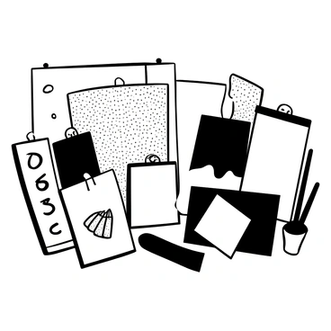 A series of illustration boards displayed in varying sizes, each showcasing unique textures. Some boards have a rough, grainy surface, while others are smooth and glossy. The arrangement of the boards highlights their differences, with a few leaning against a surface and others positioned flat. Each board features a distinct pattern or design, creating a visually interesting composition. Surrounding the boards are tools such as brushes and pencils, suggesting an ongoing creative process.