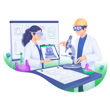 A modern pastel illustration depicting two engineers engaged in a discussion over a biomedical project. The first engineer, a woman with curly dark hair, is wearing a lab coat and holding a tablet displaying a 3D model of a biomedical device. The second engineer, a man with short blonde hair, is wearing safety goggles and is pointing at a blueprints paper laid out on a table. Around them are various biomedical tools, such as pipettes, a microscope, and a model of a human organ. A whiteboard in the background features diagrams and notes related to their project.