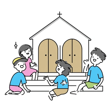 A group of four children sitting on the steps of a stone church. Two boys are wearing blue t-shirts, one with green shorts and another with khaki pants. A girl in a red dress and a boy with a yellow cap are sitting beside them. They are animatedly sharing stories and laughing, with their hands gesturing expressively. The church has tall wooden doors, arched windows, and a cross on top of the steeple, creating a peaceful background to the scene.