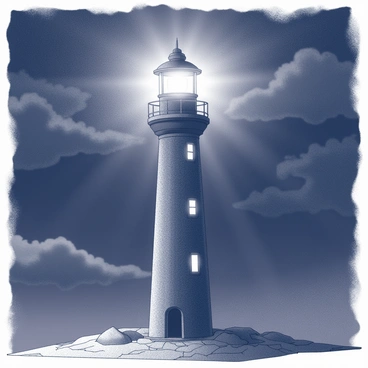 A tall, solitary beacon stands prominently against a dark background. The structure is cylindrical with a conical top, showcasing a series of windows along its height. The light at the top shines brightly, casting a beam of light that pierces through the surrounding darkness. The ground around the beacon is rugged and uneven, enhancing the sense of isolation. The sky above is filled with clouds, suggesting an overcast night, while the illumination from the beacon creates a contrast in the otherwise shadowy landscape.